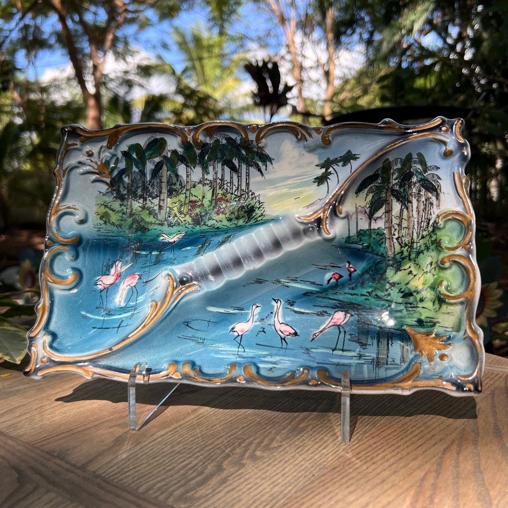 Unique Vintage Tropical Flamingo Ceramic Ashtray- has been repaired